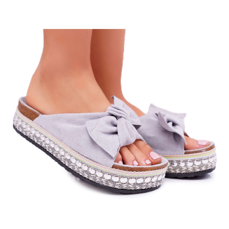 Dam tofflor med rosetter tjock sula grå Milady