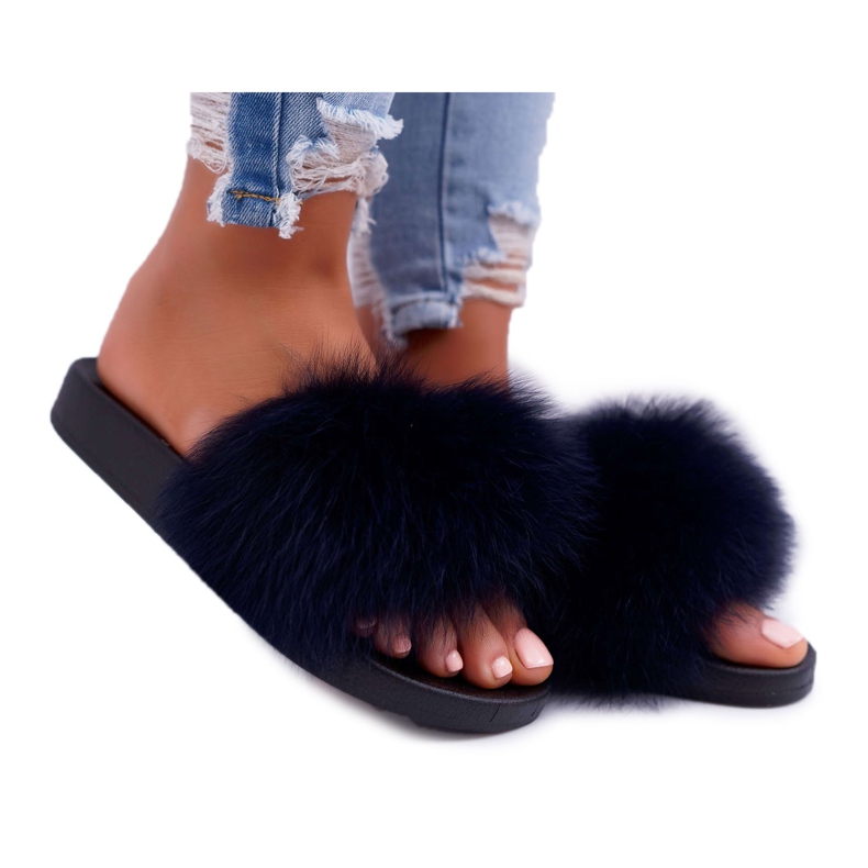 Dam tofflor med naturlig päls Naturis marinblå