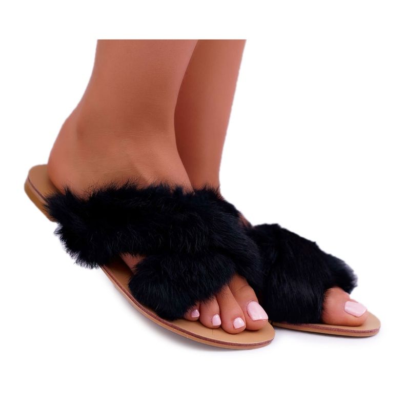 Dam tofflor med Fur Lu Boo Black Pimmer svart