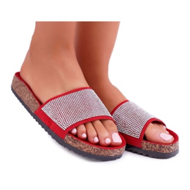 PS1 Kvinnors tofflor på kork med kristaller röd