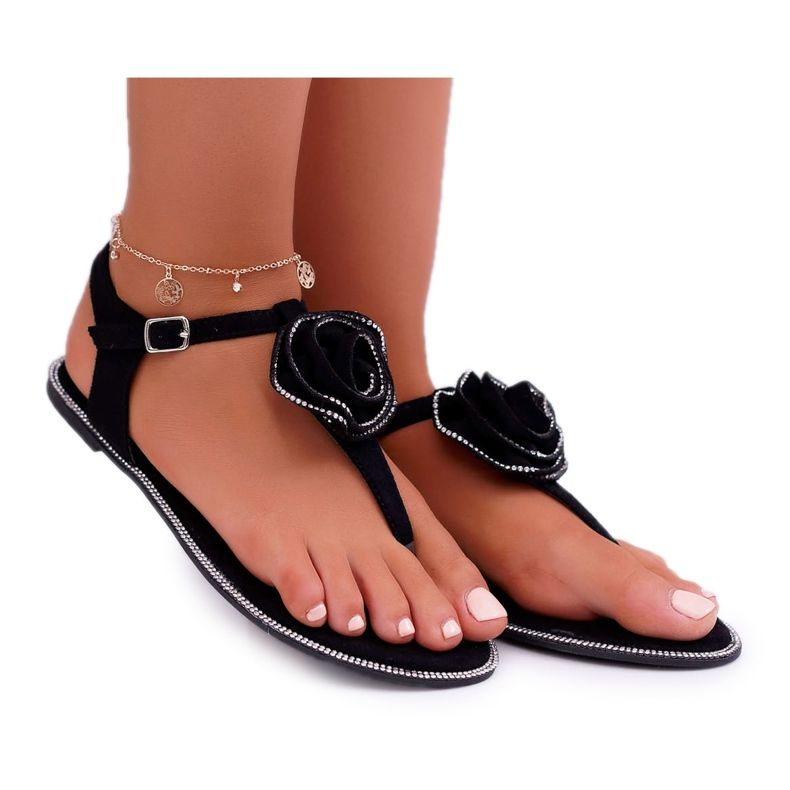 Sandaler för kvinnor Flip-flops Black Flower Rhinestones Drave svart