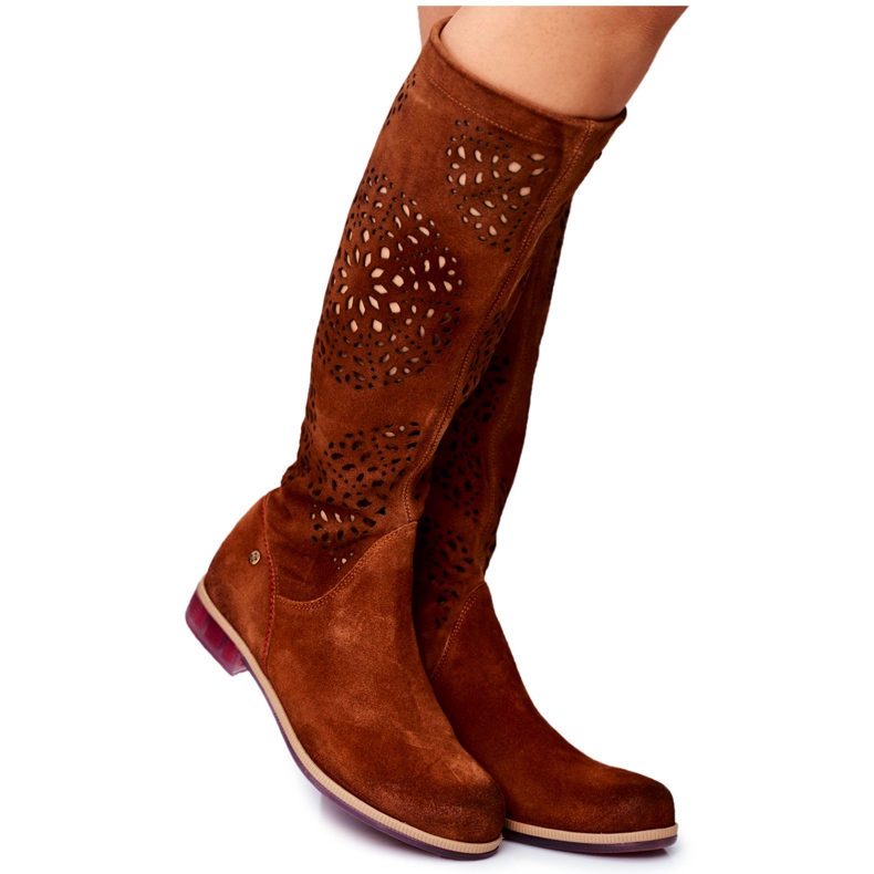 Kvinnors höga stövlar Maciejka Leather Openwork Camel 04525-29 brun