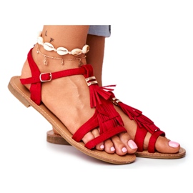 FJ1 Flat Sandaler för kvinnor Mocka Boho Red Lucami röd