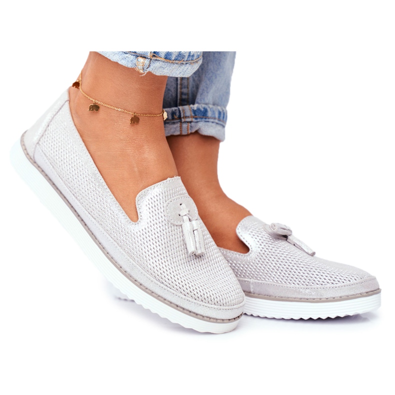 EVE Dam Loafers Läder Silver Amore Mio grå