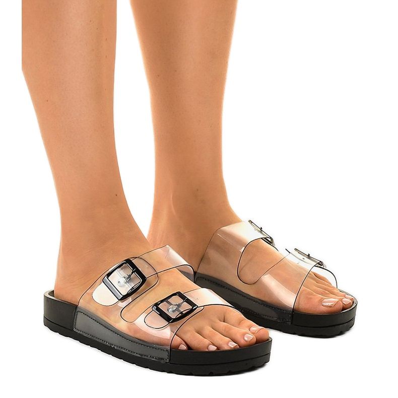 Svarta transparenta tofflor med ett SE-9605 spänne mångfärgad