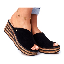 Kvinnor läder tofflor på kil Nicole 2559 Black Lemonade svart