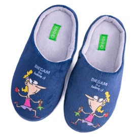 Dreex Plysch Marinblå Tofflor Dam Jag kör eftersom jag gillar grå