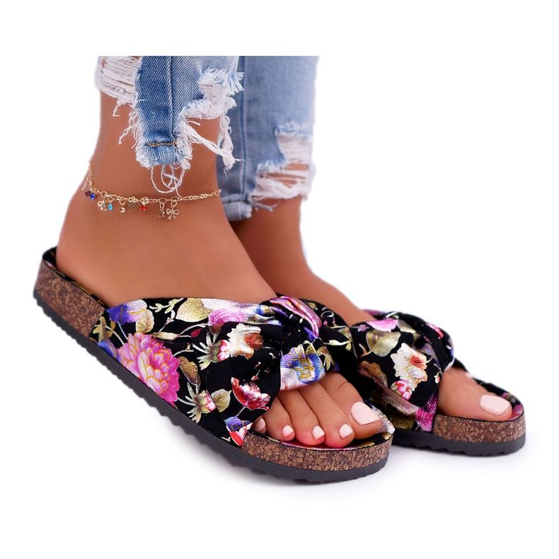 SEA Kvinnors svarta tofflor på korkblommor Wendy's Bow mångfärgad