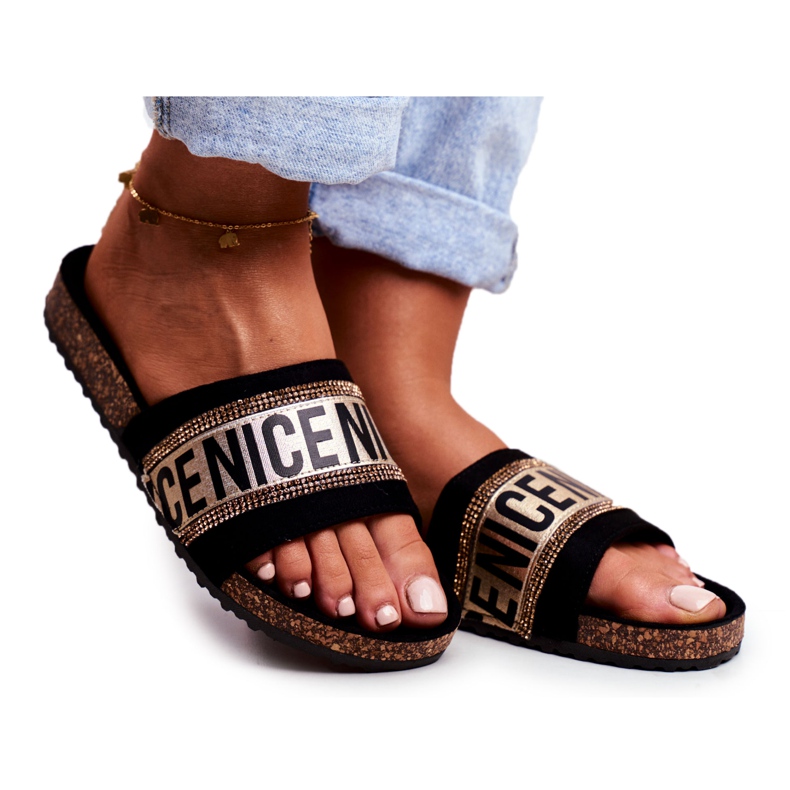 EVE Kvinnors svarta tofflor på kork BeNice guldstenar