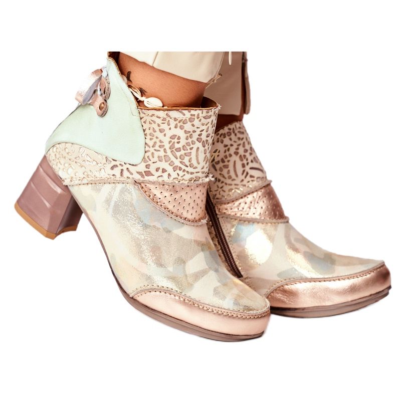 Damskor på högklackad Maciejka Beige 03410-04 grön gyllene