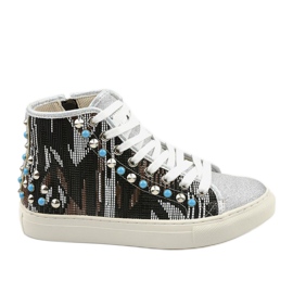 Silverhöga sneakers rikt dekorerade D17-27027 silver- grå mångfärgad