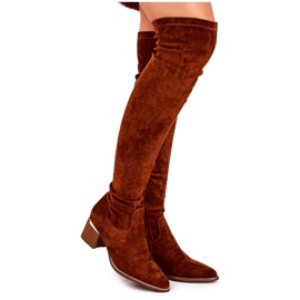 FRBS Knähöga stövlar för kvinnor Eco-Mocka Camel Indigo mångfärgad