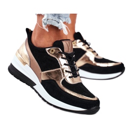 Vinceza Kvinnors sportskor läder svart och guld 21-7777