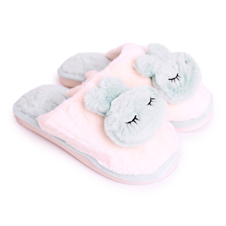 Dam päls tofflor ljusgrön kanin rosa