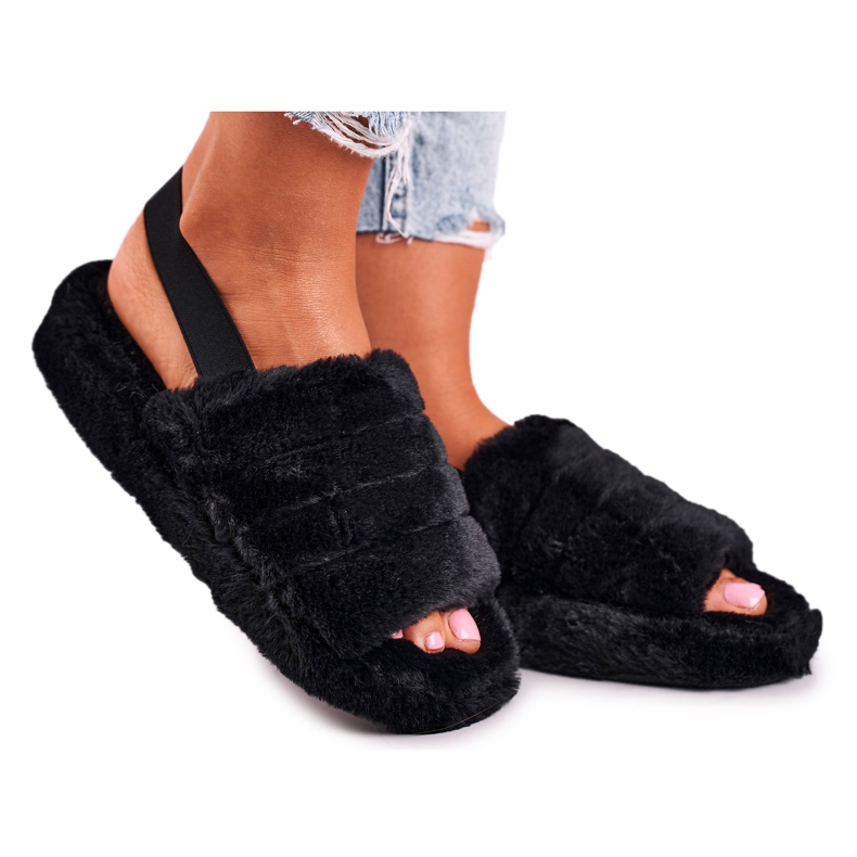 FJ1 Dam tofflor på pälsplattformen svart snöflinga