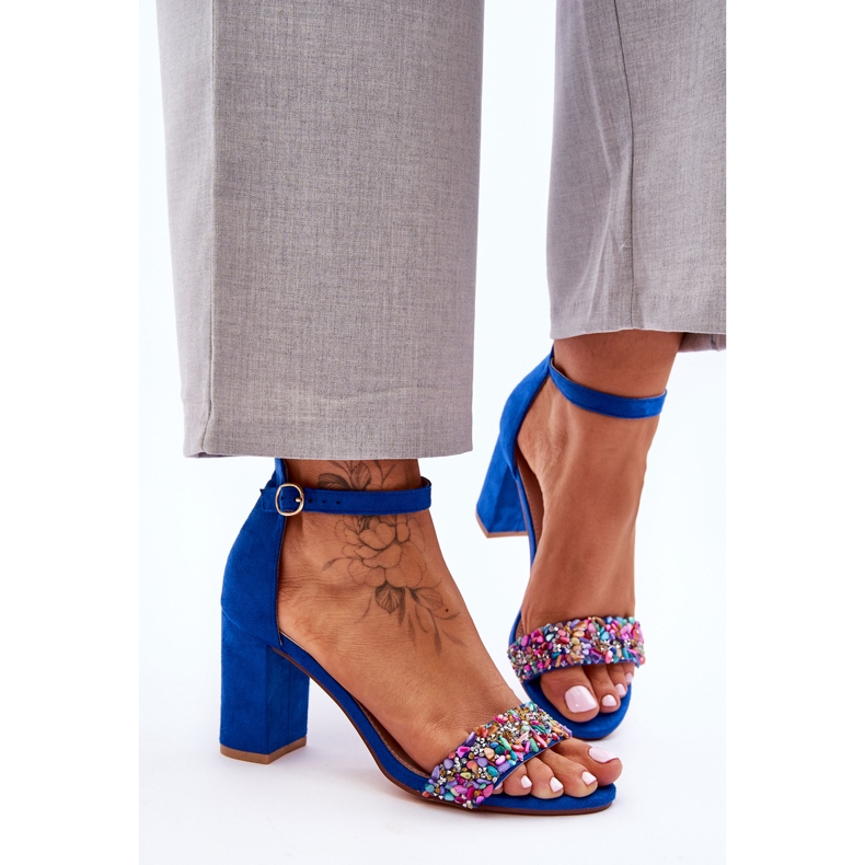 Fashionabla högklackade sandaler med dekorativa stenar Blue Love Me blå 1