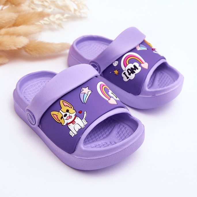 WJ1 Ljusa barnsandaler med flip flops med hundmotiv Violett Rico purpur 2