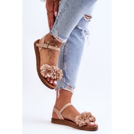 Damsandaler med tygblommor Beige Fiori 2