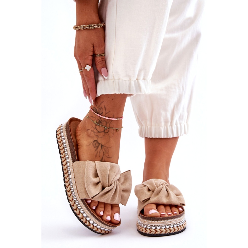 Damtofflor i mocka med rosett Beige Lauria 6