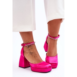Fashionabla pumps på massiva klackar med zirkoner Fuchsia Adel rosa 2