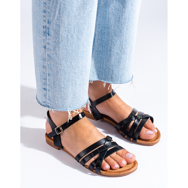 Shelovet svarta platta sandaler för kvinnor 1