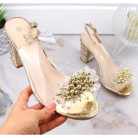 Transparenta sandaler för kvinnor på en guldstolpe med pärlor S.Barski MR1037-19 gyllene 1