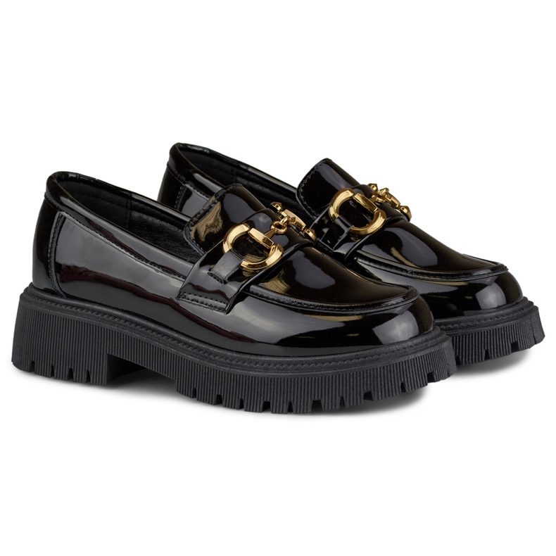 Lackade svarta dam loafers med dekoration 2