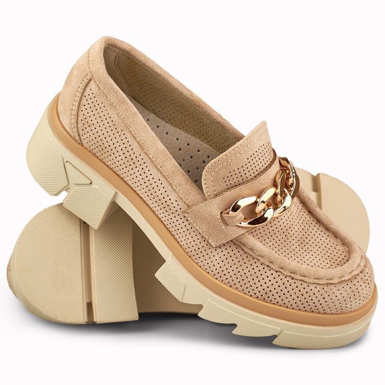 Genombrutna beige loafers för kvinnor 1
