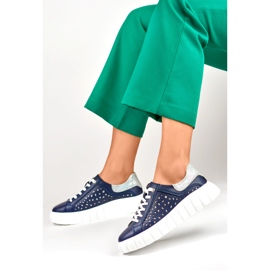 Marinblå sportskor för kvinnor gjorda av äkta läder 2