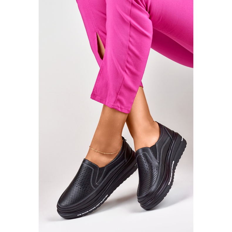 Genombrutna skor för kvinnor gjorda av naturligt läder svart 2