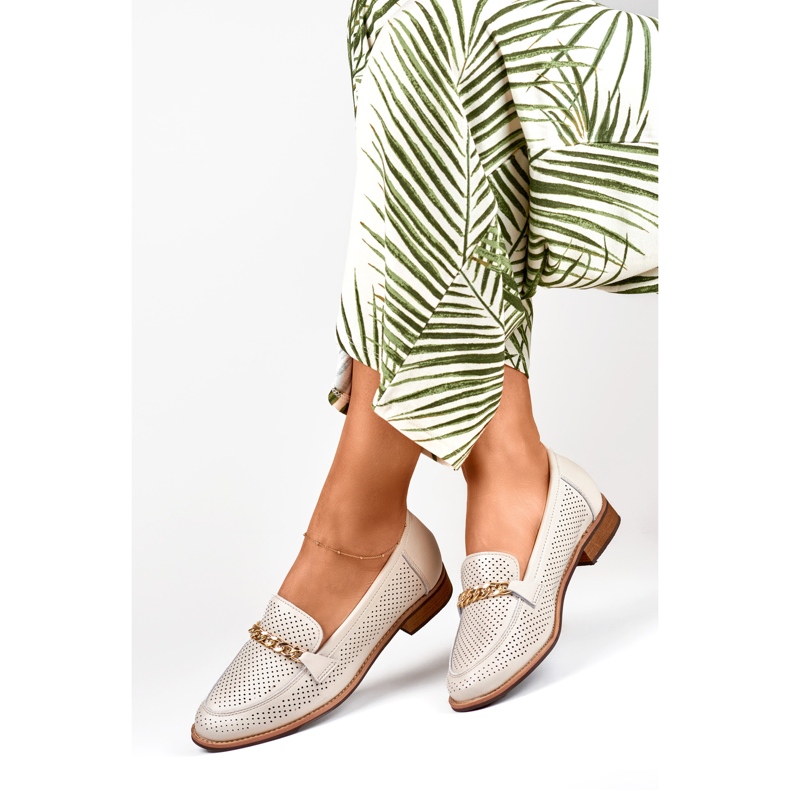 Genombrutna skor för kvinnor gjorda av naturligt läder beige 1