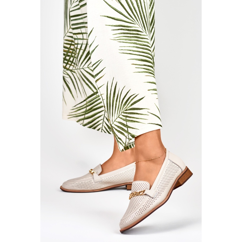 Genombrutna skor för kvinnor gjorda av naturligt läder beige 2