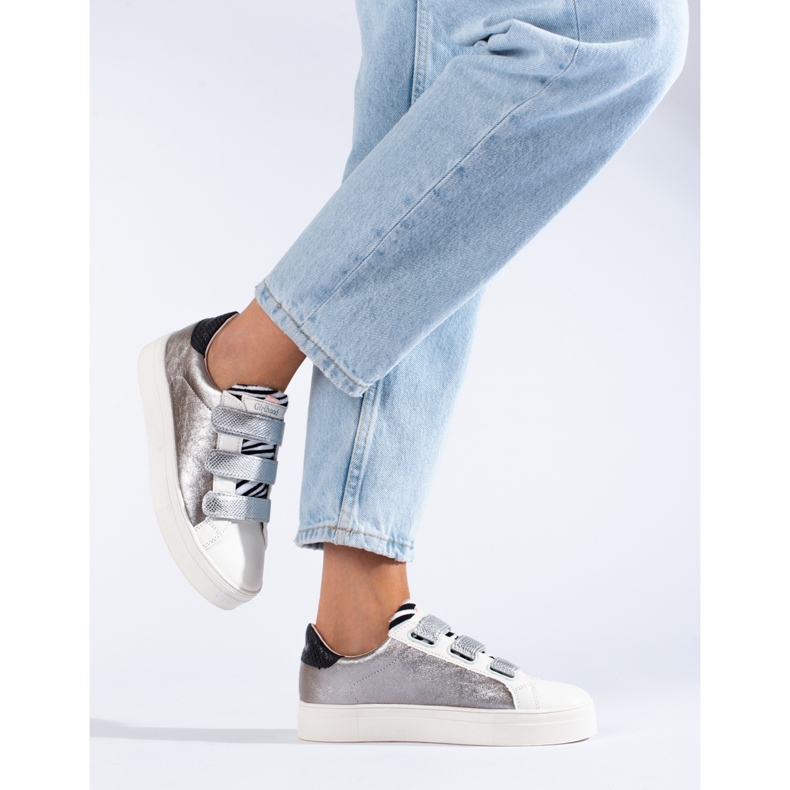 Silver och vita Shelovet sneakers med kardborreband för kvinnor 2