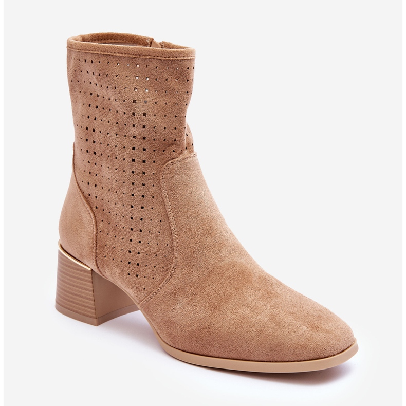 PG1 Mocka genombrutna högklackade stövlar Mörkbeige pärlor 1