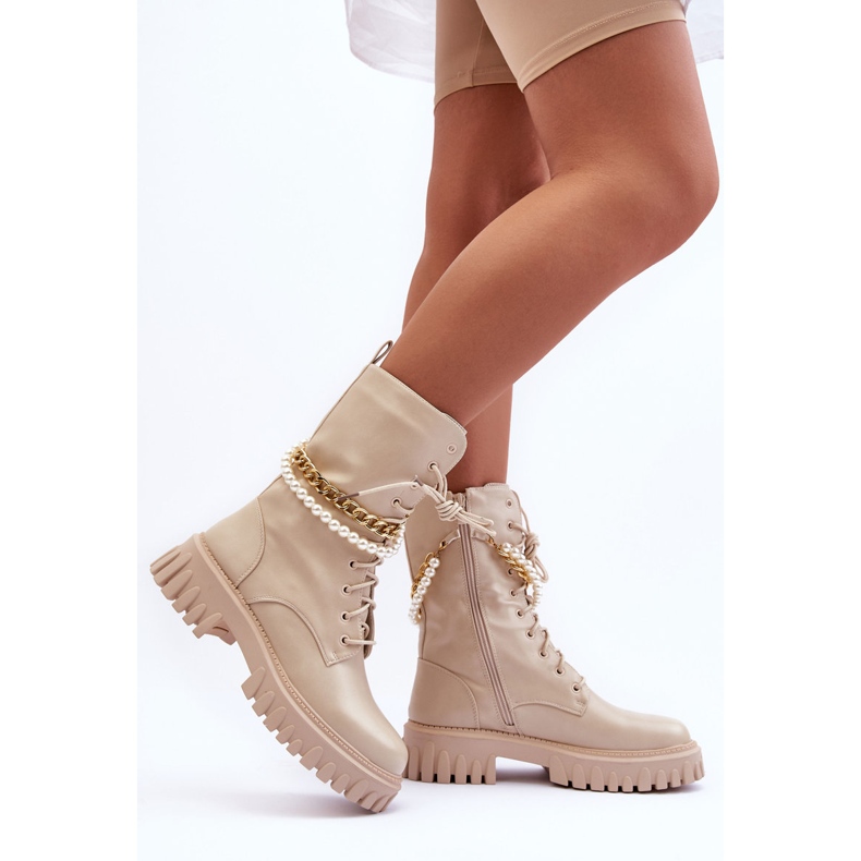 Läder Tall Workers Med Kedja Beige Nameer 2