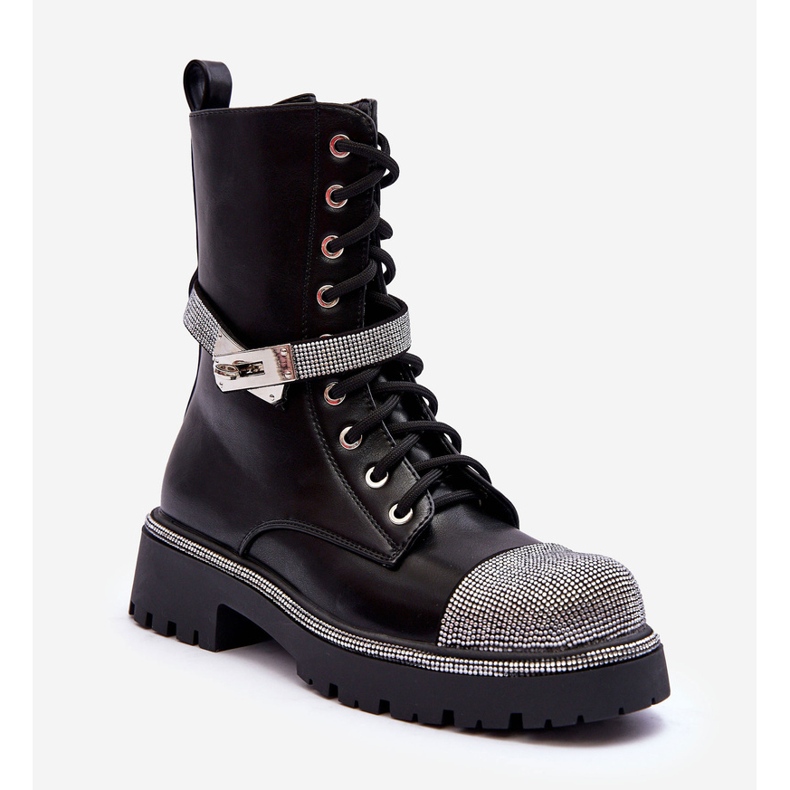 Kvinnors läderutsmyckade arbetarstövlar Svarta Totah 1