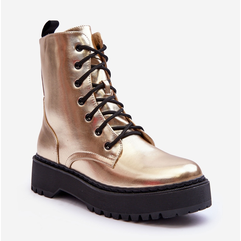 FB2 Läder Metallic Worker Boots Golden Teflorna gyllene 1
