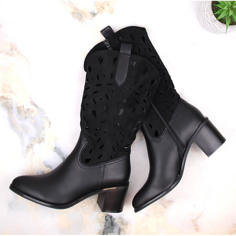 M. DASZYŃSKI Kvinnors varma genombrutna cowboystövlar svarta M.Daszyński MR2337-3 1