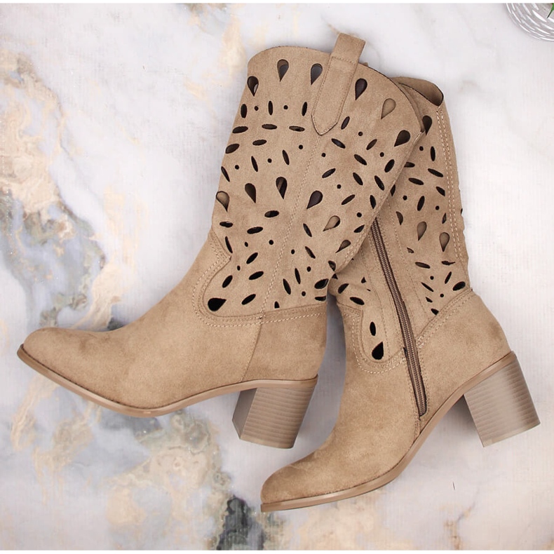 M. DASZYŃSKI Kvinnors varma genombrutna cowboystövlar beige M.Daszyński MR2337-3 1