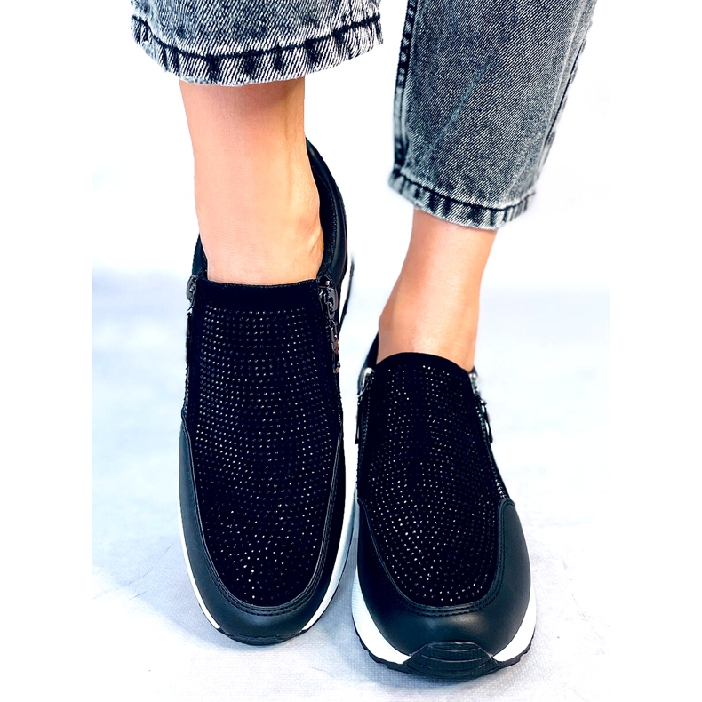 Glänsande svarta wedge sportsneakers för kvinnor 1