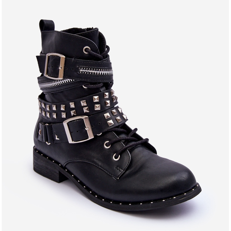 LU BOO Ankelstövlar för barn med dubbar, dragkedja och spännen, svarta 1