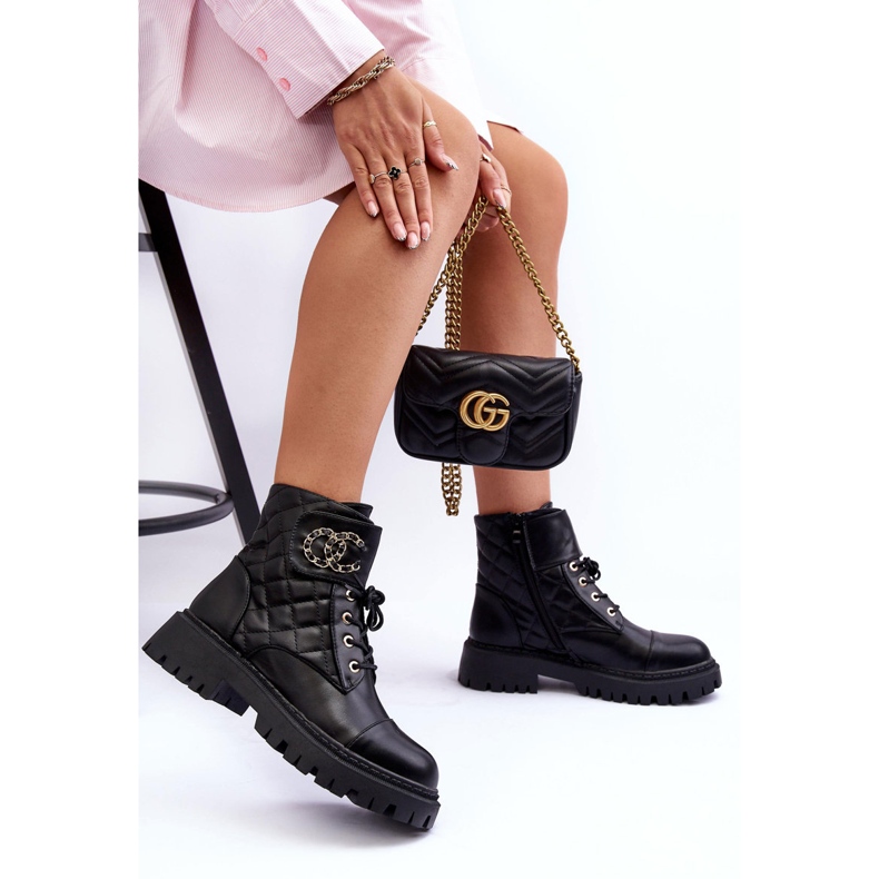 Kvinnors arbetarstövlar med dekoration, svart leksak 2