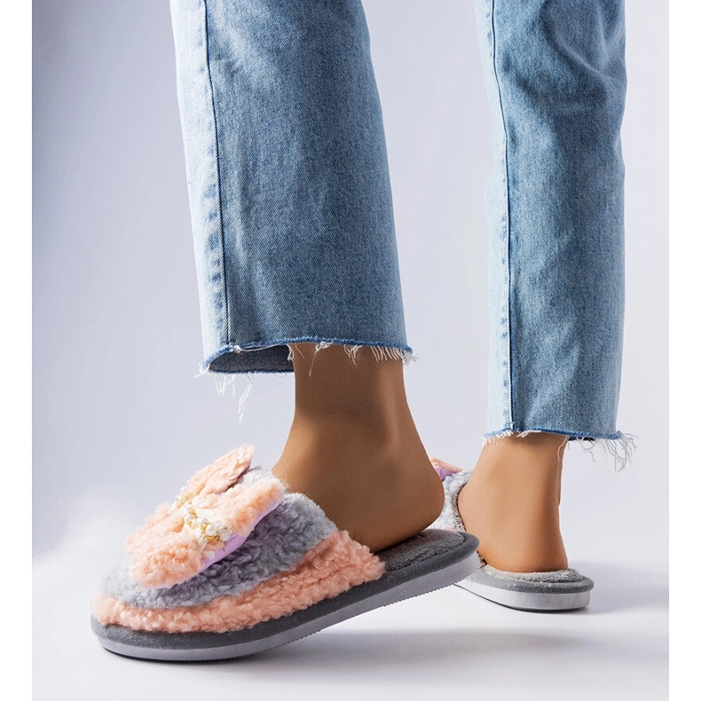 Grå och rosa tofflor med rosett 2