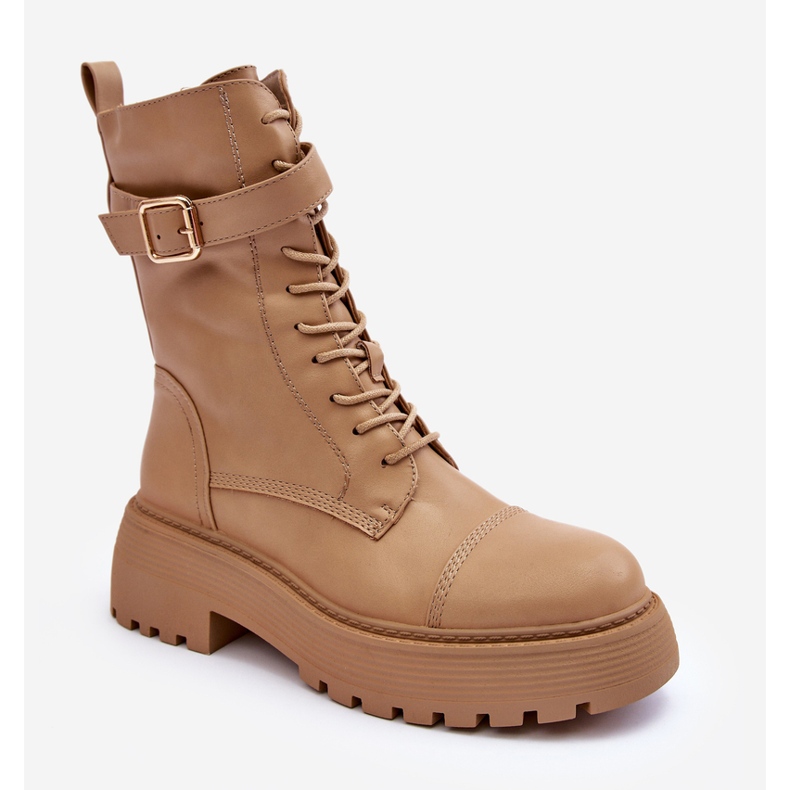 Läderarbetarstövlar på platt klack med spänne, Beige Samivlo 2