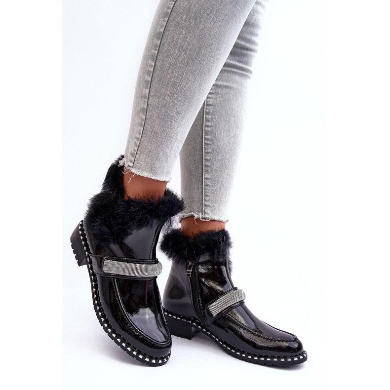 Lågpatentade stövlar med päls och dekoration S.Barski MR870-74 Svart 2