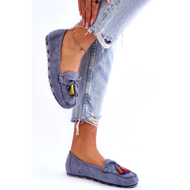 Blå mockasin med rosett och lugg 1