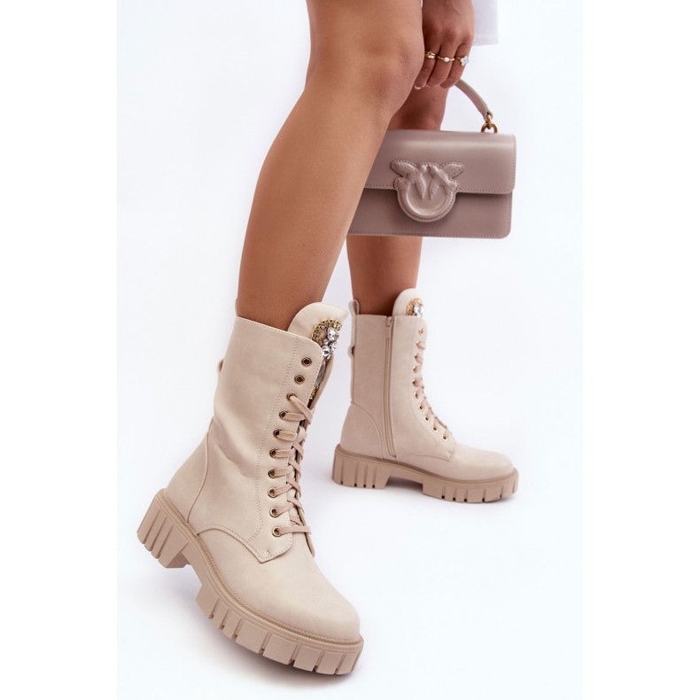 PS1 Beige Marx Läderarbetarstövlar med smyckesdekoration 1