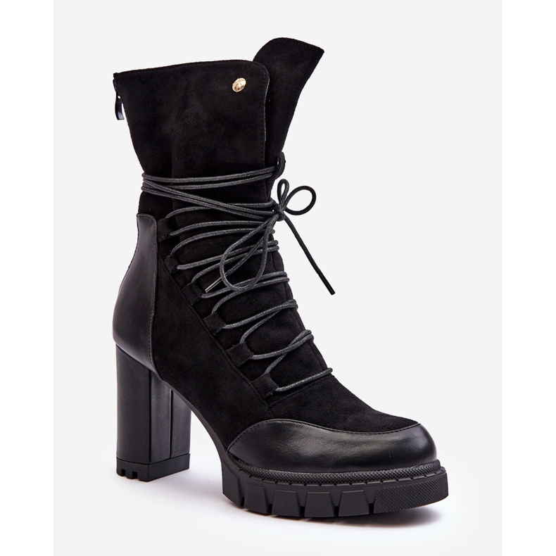 Högklackade ankelstövlar för kvinnor med snörning Svart Artie 1