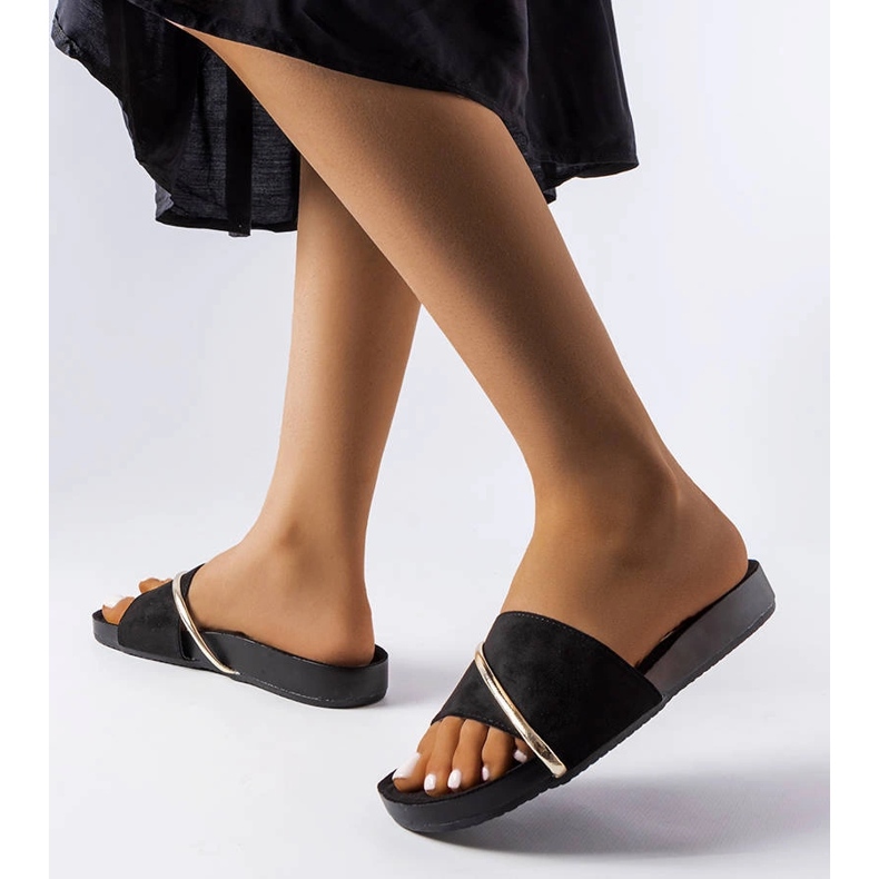 Svarta flip-flops med guld Plainfield-applikation 2