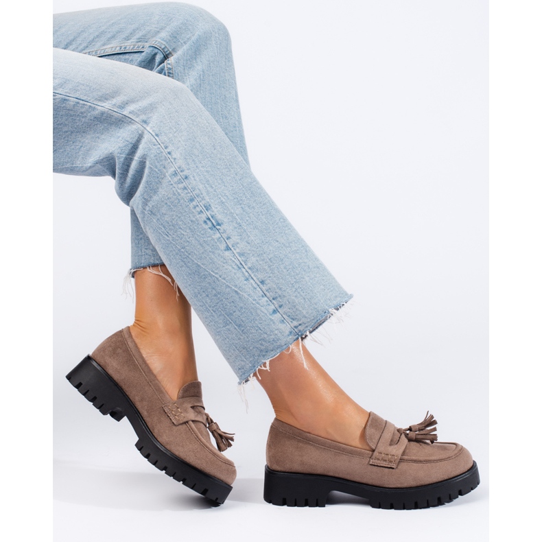 Shelovet mörkbeige mockamockasiner med fransar 1